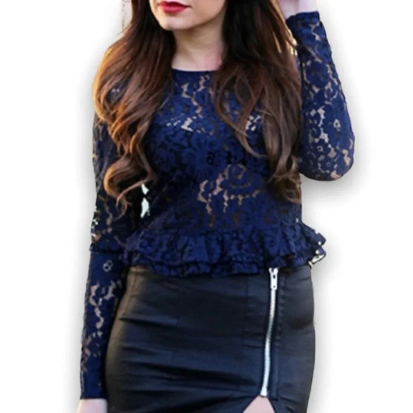 ZARA Trafaluc Navy Blue  Floral Lace Peplum Croppped Long Sleeve Top - Picture 1 of 9